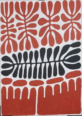 une peinture représentant un squelette de poisson sur un fond rouge et blanc