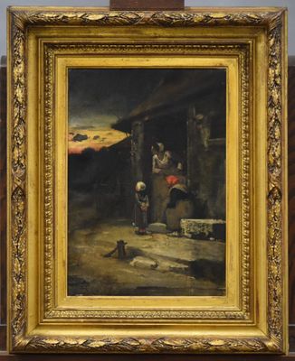 une image représentant un tableau où l'on voit un homme et une femme dans une grange