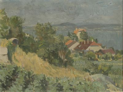 tableau représentant la vue d'un petit village situé sur une colline
