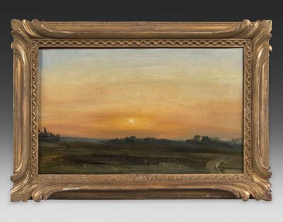 an oil painting of a sunset over a field with trees