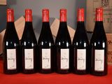 six bottles of red wine are lined up on a table