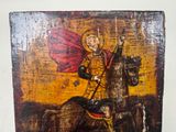 a painting of a man riding a horse with a flag on it