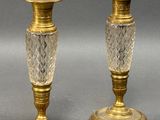pair of antique brass and cut glass candlesticks