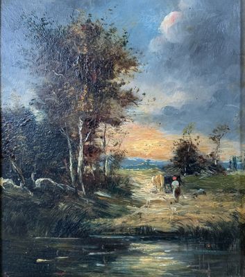 an oil painting of a landscape with cows and a stream