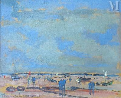 a painting of a beach scene with boats on the shore