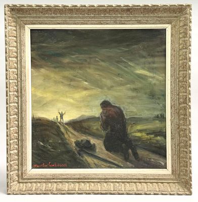an oil painting of a man standing on a hill with a dog
