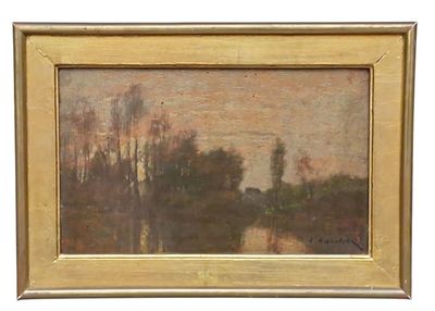 une peinture à l'huile représentant un paysage avec des arbres et une rivière