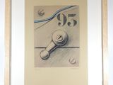 framed drawing of a hair dryer on a table with a clock on the wall