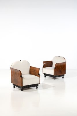 paire de fauteuils Art déco en noyer et cuir blanc, Italie, années 1950