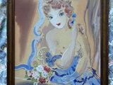 un tableau représentant une femme tenant un bouquet de fleurs