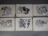 six dessins représentant des personnes dans différentes poses, accrochés au mur