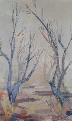 une peinture à l'huile représentant deux arbres dans un champ près d'un plan d'eau