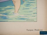 a drawing of a woman in a bathing suit in the water