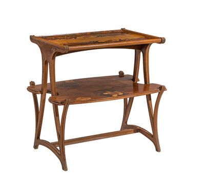 une photo d'une table en bois sur laquelle se trouvent deux étagères
