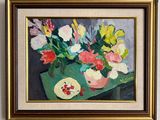 a painting of flowers in a vase on a table