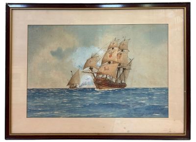 painting of a sailing ship in the ocean with a sky in the background