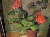 un tableau représentant des géraniums en pot posés sur une table