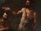 an oil painting of a man holding a glass of wine next to a woman