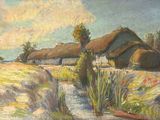 peinture représentant une peinture d'une maison et d'un ruisseau dans un champ