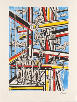 un tableau représentant un groupe d'hommes debout au sommet d'un immeuble