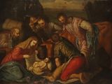 painting of a group of people surrounding a baby in a manger