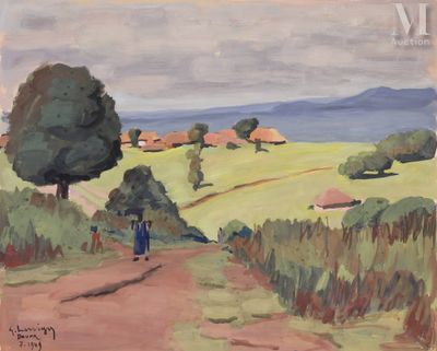 an oil painting of a person walking down a dirt road