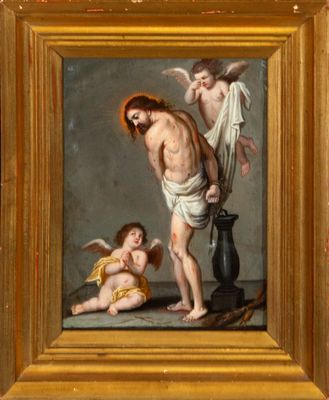 an image of a painting of a man on the cross with a child