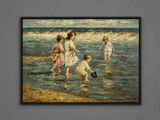 a painting of children playing in the water at the beach