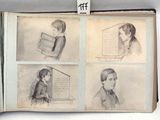 un vieux livre contenant quatre illustrations représentant un garçon et une fille