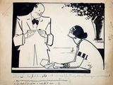 drawing of a man in a tuxedo talking to a woman in a white dress
