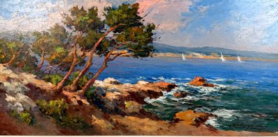 painting of a view of the ocean with a sailboat in the distance