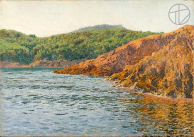 an oil painting of a rocky shore with a mountain in the background