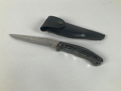 a knife that is laying next to a knife case