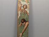 painting of a woman in a green dress on a piece of wood