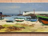 painting of boats on a beach with a lighthouse in the background