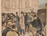 an old french newspaper with a drawing of a crowd of people in front of a building
