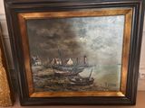 une peinture à l'huile représentant des bateaux sur le rivage, près d'une maison