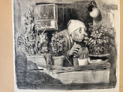 a drawing of a man sitting at a table with flowers