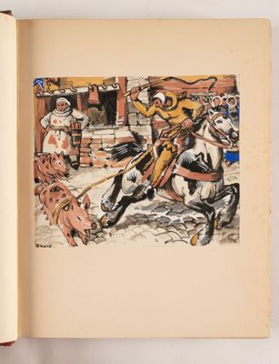 un livre ouvert avec le dessin d'un homme sur un cheval