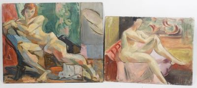two paintings of a woman sitting on a chair in front of a mirror