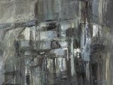 abstract painting of a cityscape with buildings in the background