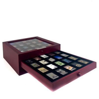 an image of a wooden box with a drawer full of coins