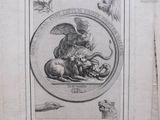 an old engraving of a lion with a bird on its back