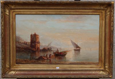 an oil painting of a boat in a body of water with a castle in the background