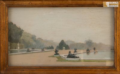 une photo d'un tableau représentant un parc avec des gens assis sur l'herbe