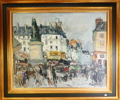 une peinture représentant une scène de rue avec une voiture à cheval