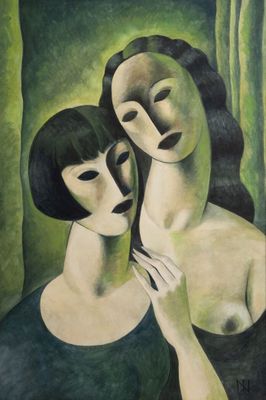 a painting of two women with masks on their faces