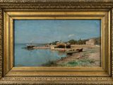 an oil painting of a beach scene with boats in the water