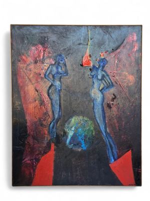 an oil painting of two people standing on a red and black surface