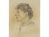 an old drawing of a woman with curly hair and a collared shirt
